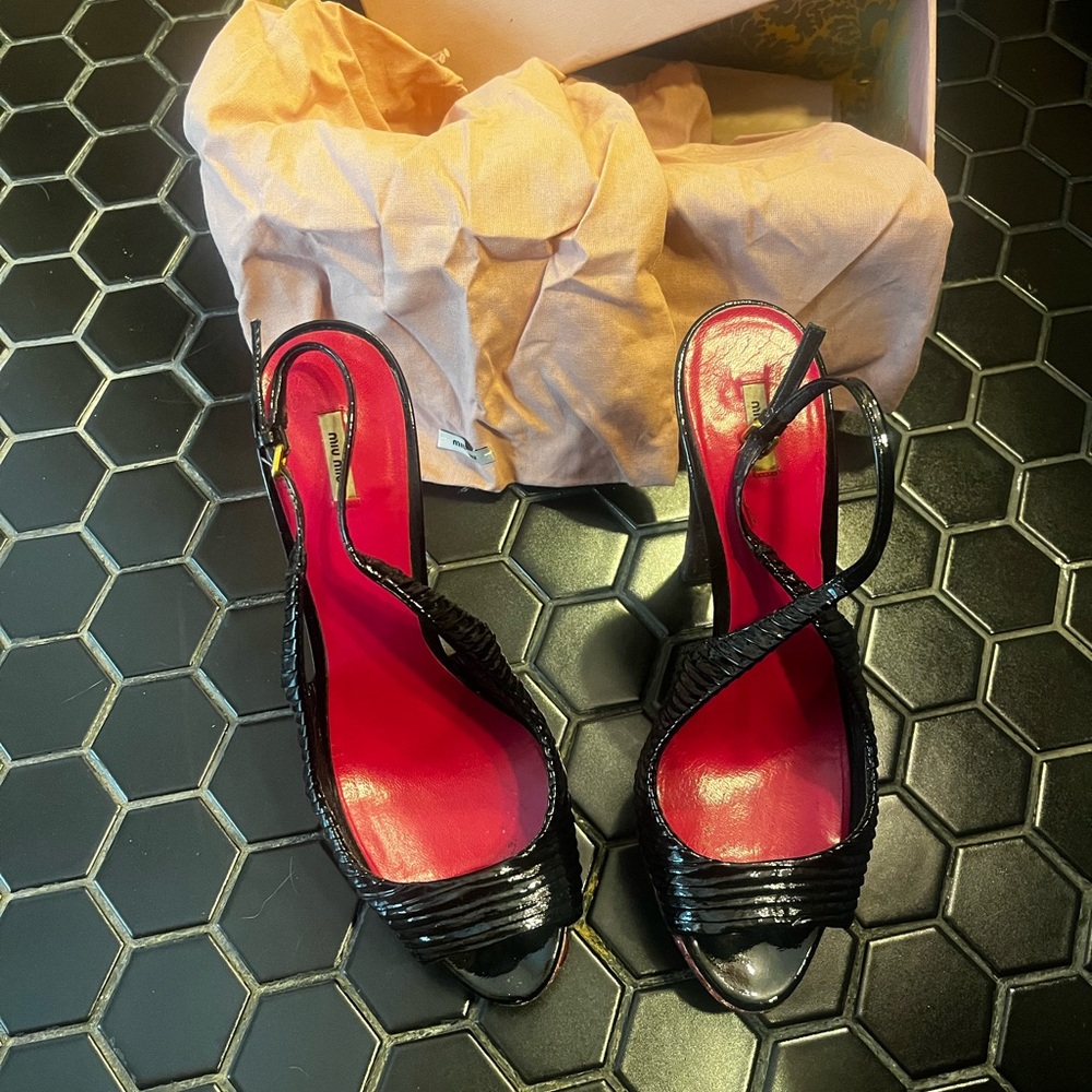 Miu Miu Black and Fuchsia Strappy Heels platform stilletos